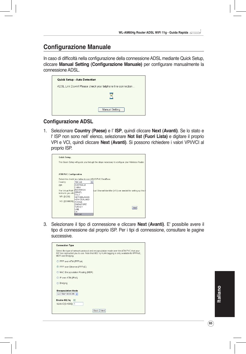 Configurazione adsl, Configurazione manuale | Asus WL-AM604g User Manual | Page 67 / 108