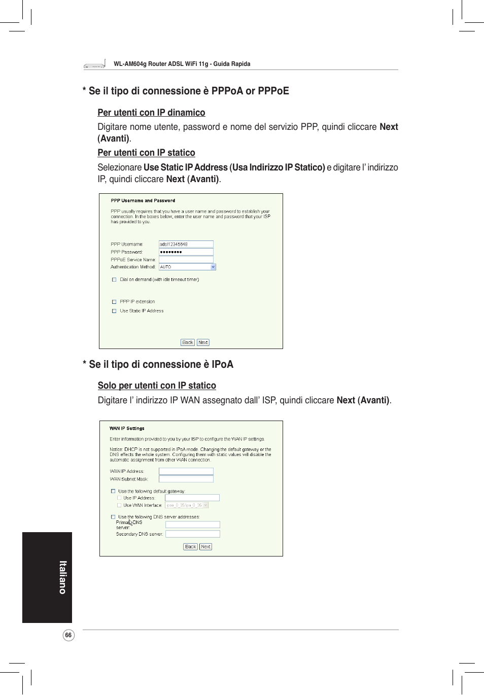 Se il tipo di connessione è pppoa or pppoe, Se il tipo di connessione è ipoa | Asus WL-AM604g User Manual | Page 68 / 108