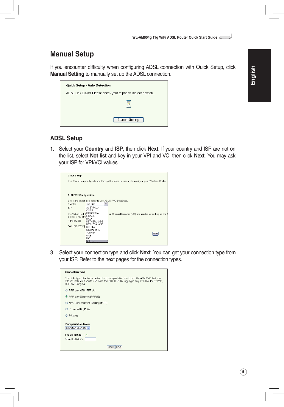 Manual setup, Adsl setup | Asus WL-AM604g User Manual | Page 7 / 108