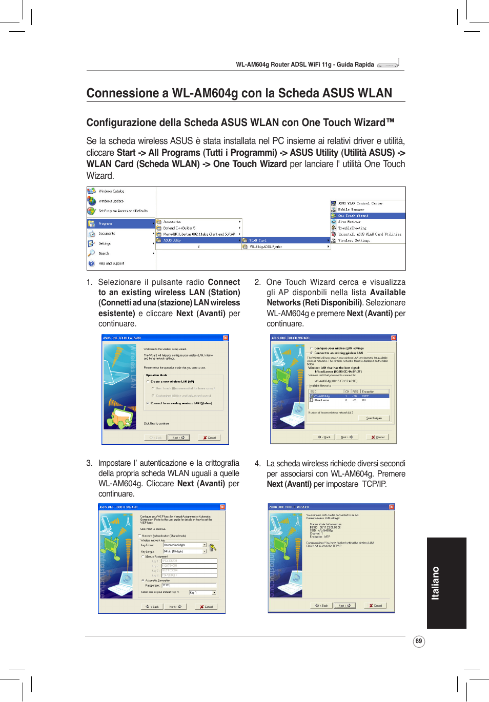 Connessione con wl-am604g con scheda asus wlan, Connessione a wl-am604g con la scheda asus wlan | Asus WL-AM604g User Manual | Page 71 / 108