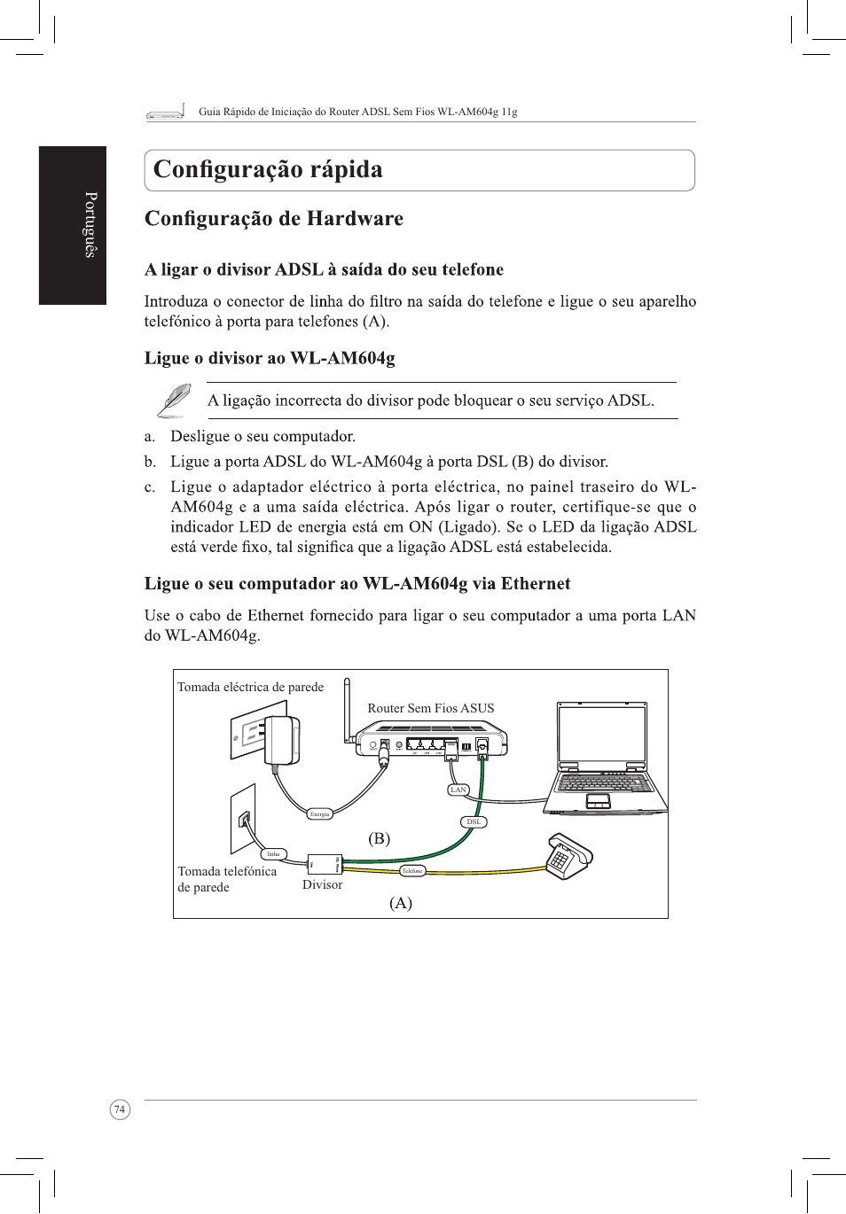 Configuração rápida, Português | Asus WL-AM604g User Manual | Page 76 / 108