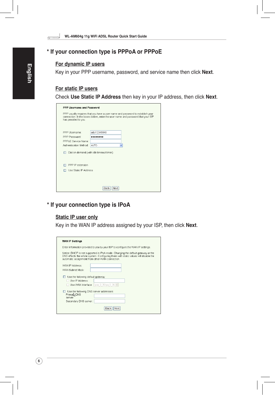 If your connection type is pppoa or pppoe, If your connection type is ipoa | Asus WL-AM604g User Manual | Page 8 / 108