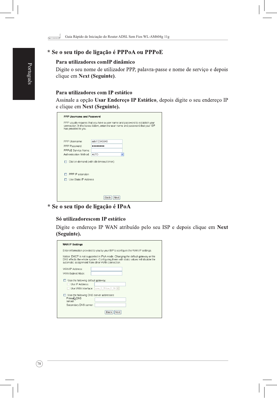 Português | Asus WL-AM604g User Manual | Page 80 / 108