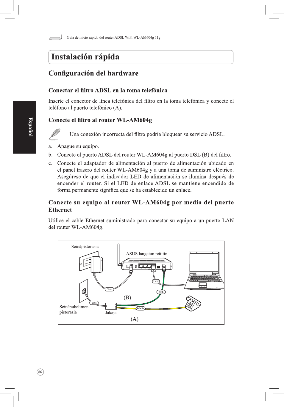 Instalación rápida | Asus WL-AM604g User Manual | Page 88 / 108