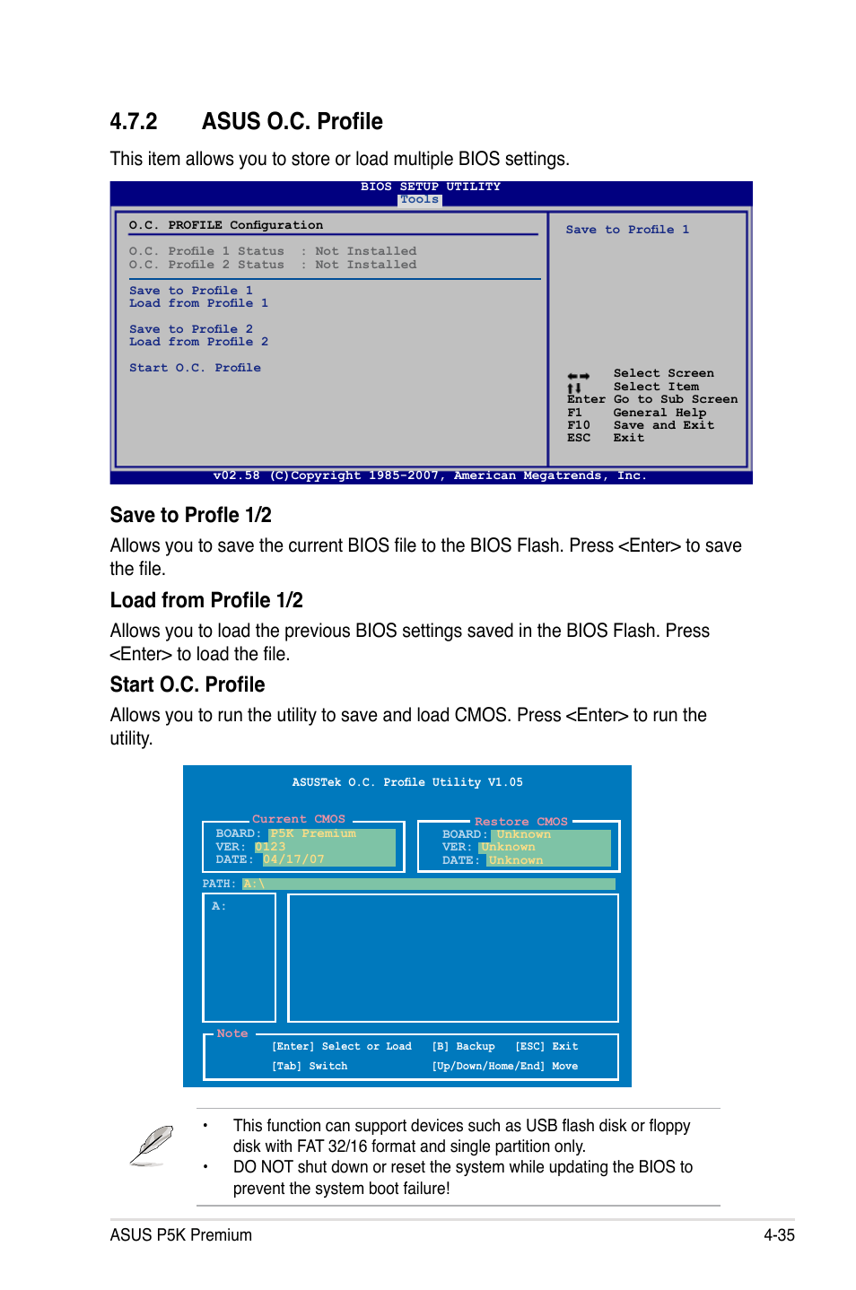 2 asus o.c. profile, Save to profle 1/2, Load from profile 1/2 | Start o.c. profile | Asus P5K Premium/WiFi-AP User Manual | Page 105 / 182