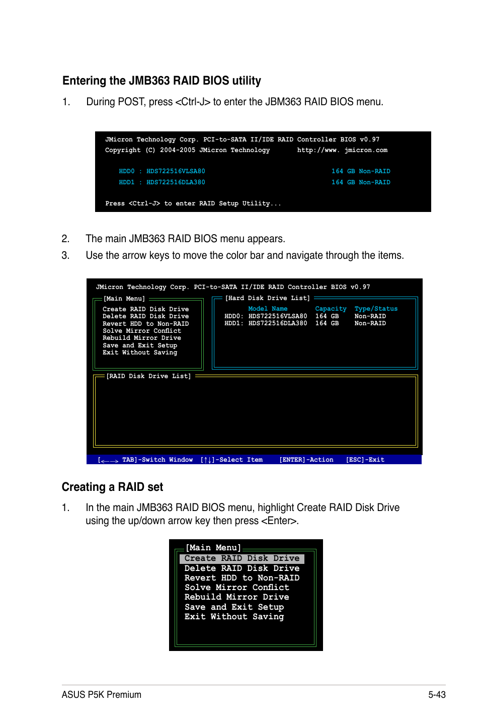 Entering the jmb363 raid bios utility, Creating a raid set | Asus P5K Premium/WiFi-AP User Manual | Page 153 / 182