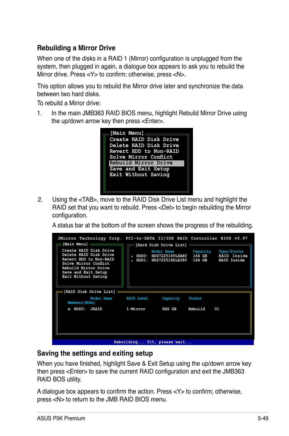 Saving the settings and exiting setup, Rebuilding a mirror drive | Asus P5K Premium/WiFi-AP User Manual | Page 159 / 182