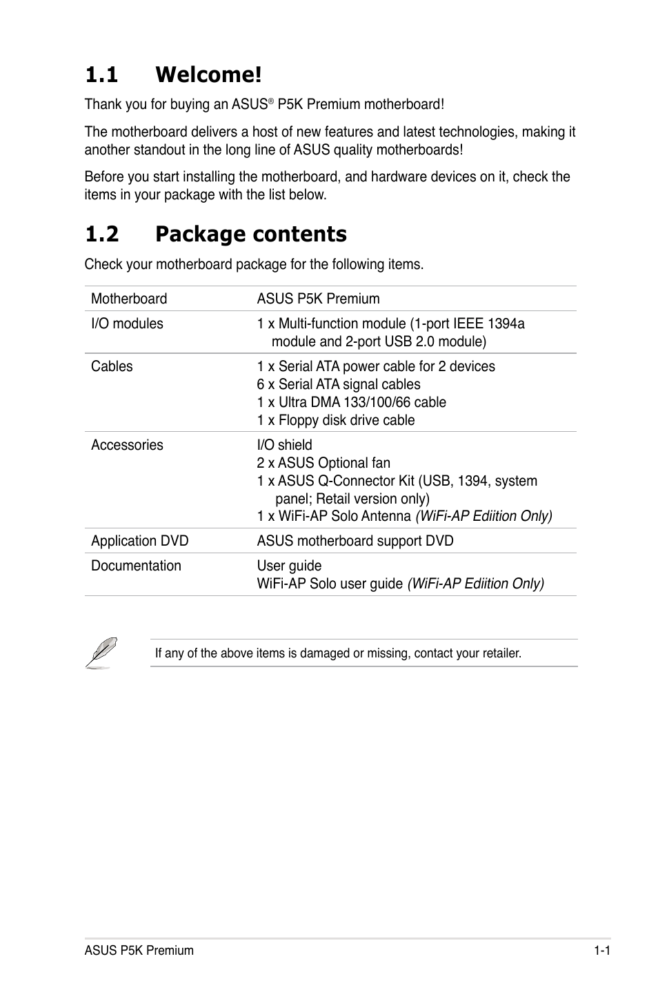 1 welcome, 2 package contents | Asus P5K Premium/WiFi-AP User Manual | Page 17 / 182