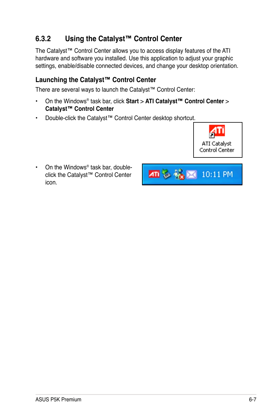 2 using the catalyst™ control center, Launching the catalyst™ control center | Asus P5K Premium/WiFi-AP User Manual | Page 171 / 182