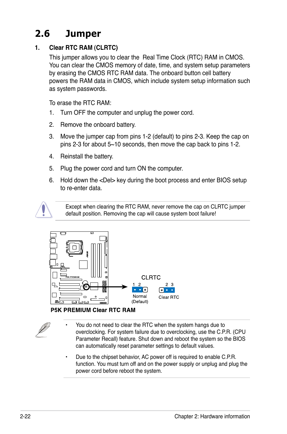 6 jumper | Asus P5K Premium/WiFi-AP User Manual | Page 48 / 182