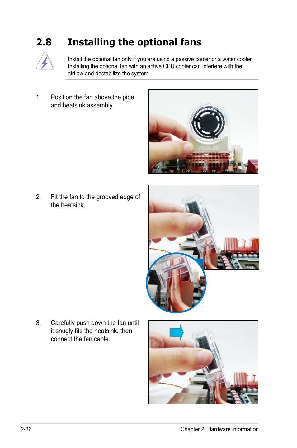 8 installing the optional fans | Asus P5K Premium/WiFi-AP User Manual | Page 62 / 182