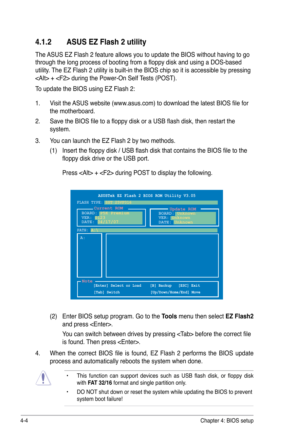 2 asus ez flash 2 utility | Asus P5K Premium/WiFi-AP User Manual | Page 74 / 182