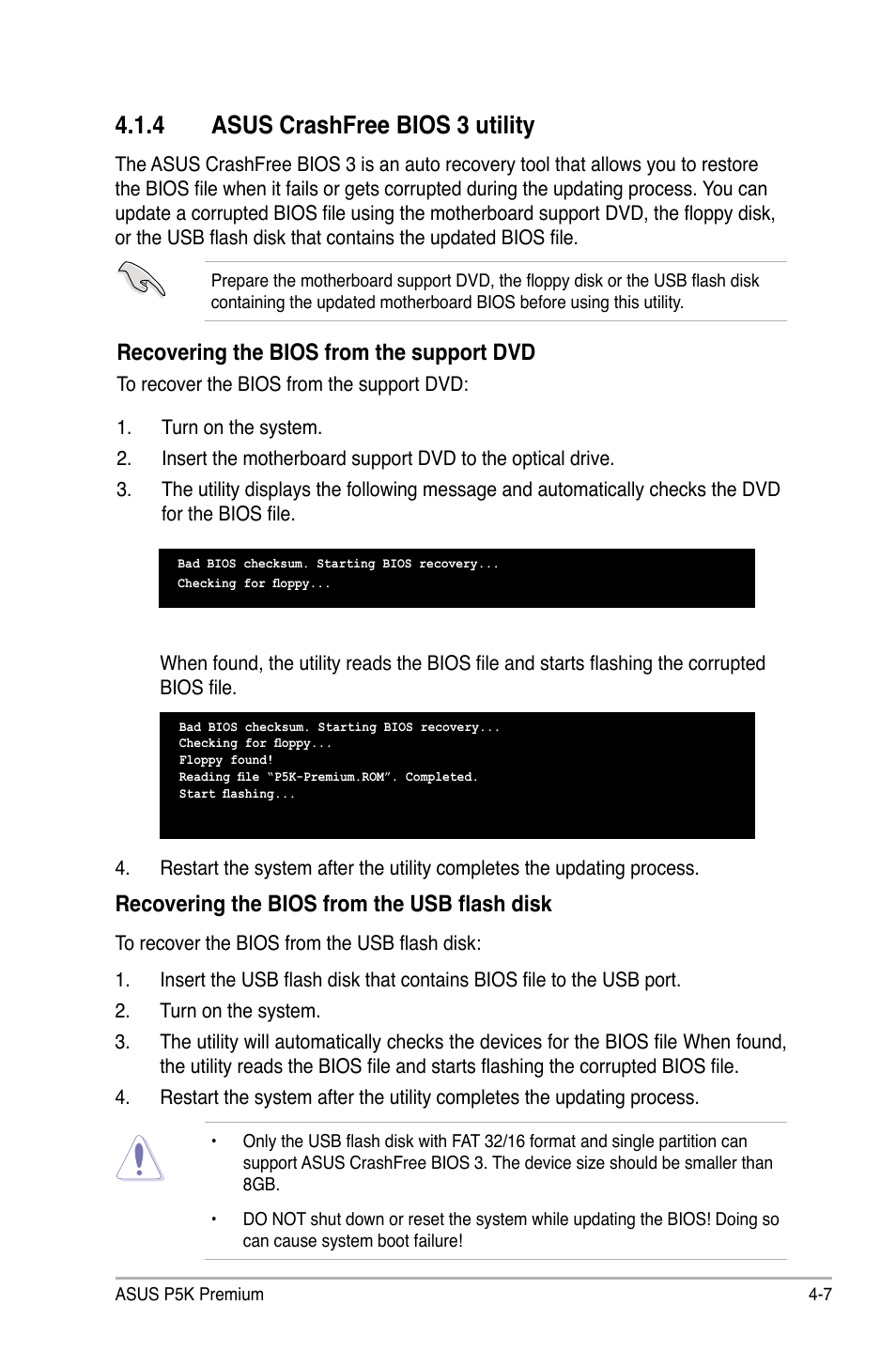 4 asus crashfree bios 3 utility, Recovering the bios from the support dvd, Recovering the bios from the usb flash disk | Asus P5K Premium/WiFi-AP User Manual | Page 77 / 182