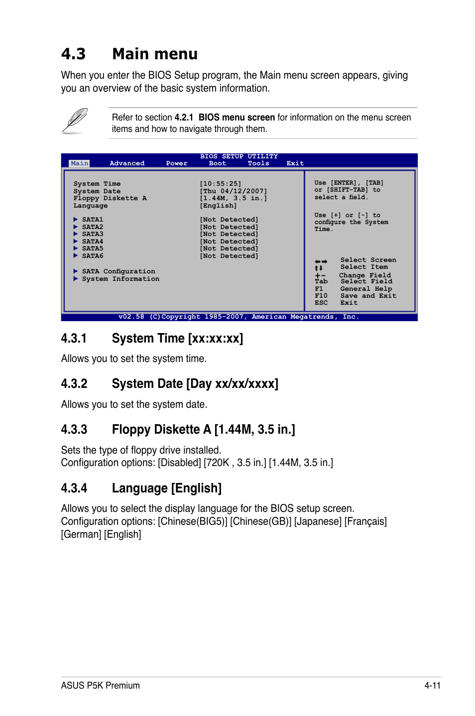 3 main menu, 1 system time [xx:xx:xx, 4 language [english | Allows you to set the system time, Allows you to set the system date | Asus P5K Premium/WiFi-AP User Manual | Page 81 / 182