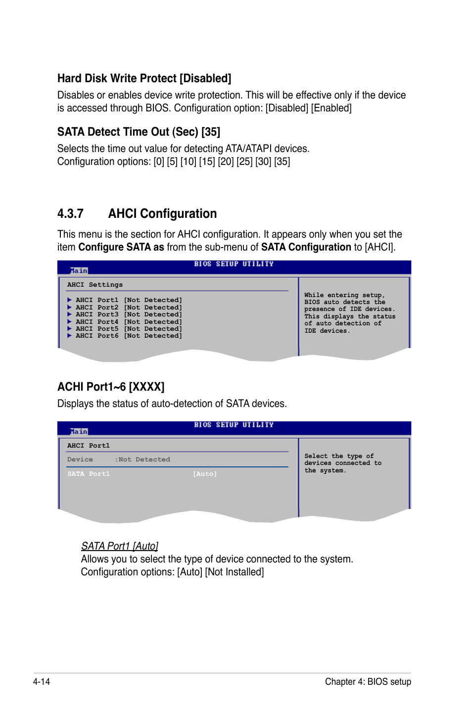 7 ahci configuration, Hard disk write protect [disabled, Sata detect time out (sec) [35 | Asus P5K Premium/WiFi-AP User Manual | Page 84 / 182