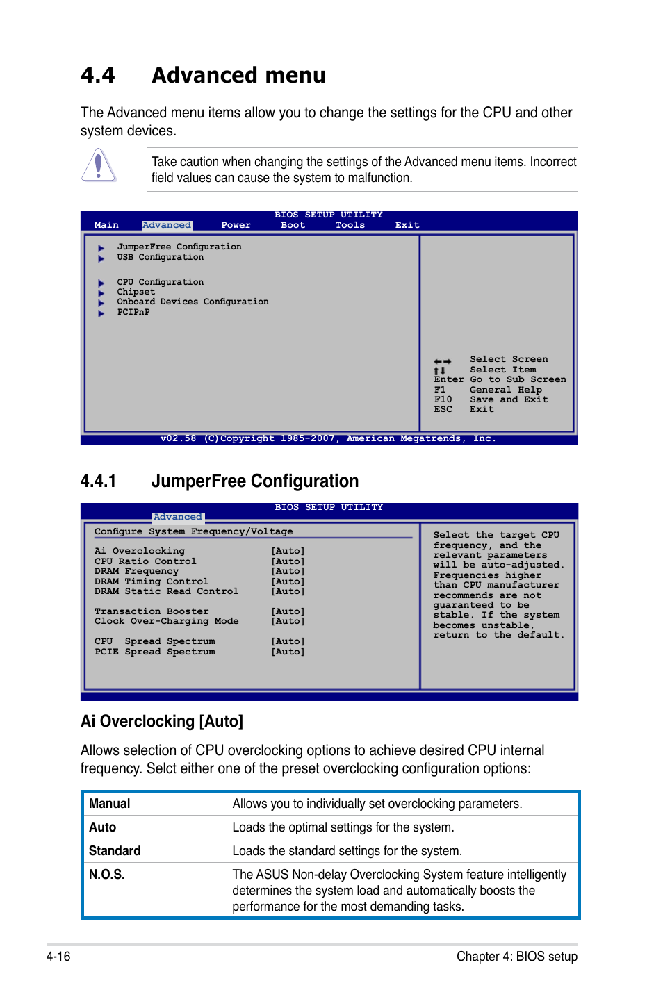 4 advanced menu, 1 jumperfree configuration, Ai overclocking [auto | Asus P5K Premium/WiFi-AP User Manual | Page 86 / 182