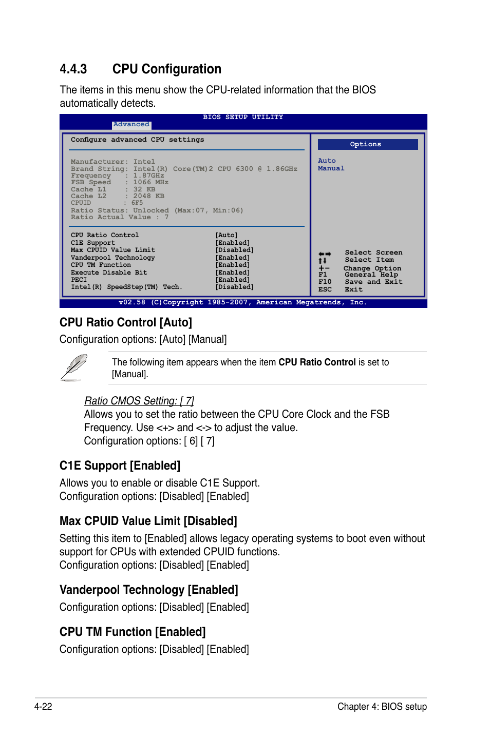 3 cpu configuration, Cpu ratio control [auto, C1e support [enabled | Max cpuid value limit [disabled, Vanderpool technology [enabled, Cpu tm function [enabled, Configuration options: [auto] [manual, Configuration options: [disabled] [enabled | Asus P5K Premium/WiFi-AP User Manual | Page 92 / 182