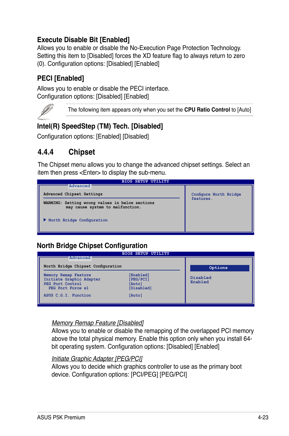 4 chipset, North bridge chipset configuration, Execute disable bit [enabled | Peci [enabled, Intel(r) speedstep (tm) tech. [disabled, Configuration options: [enabled] [disabled | Asus P5K Premium/WiFi-AP User Manual | Page 93 / 182