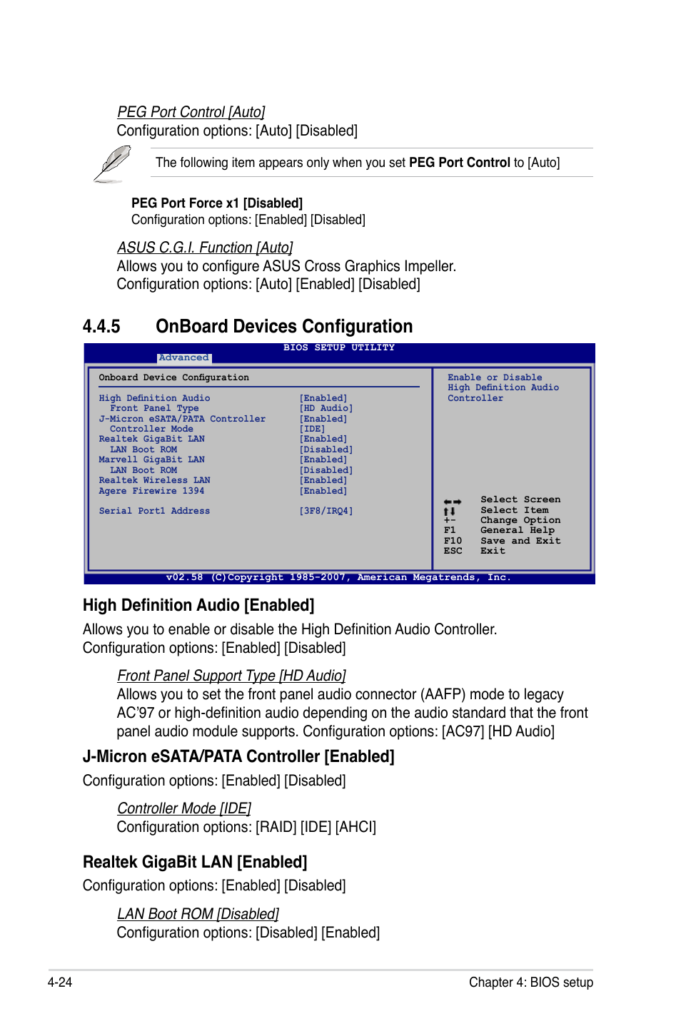 5 onboard devices configuration, High definition audio [enabled, J-micron esata/pata controller [enabled | Realtek gigabit lan [enabled | Asus P5K Premium/WiFi-AP User Manual | Page 94 / 182