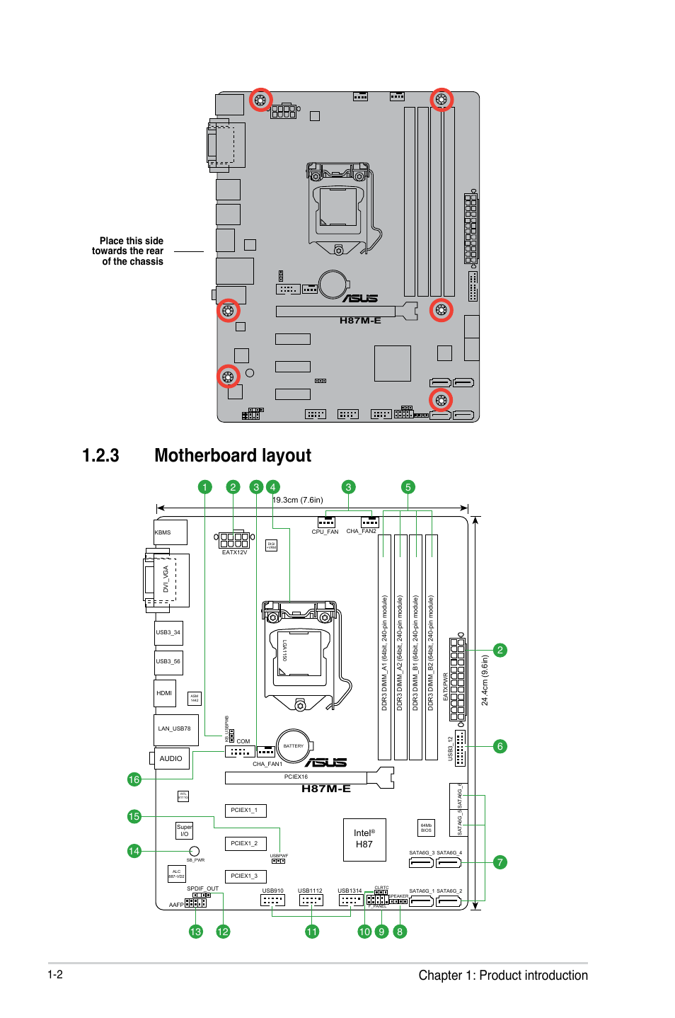 3 motherboard layout, Chapter 1: product introduction, Place this side towards the rear of the chassis | H87m-e | Asus H87M-E User Manual | Page 10 / 74