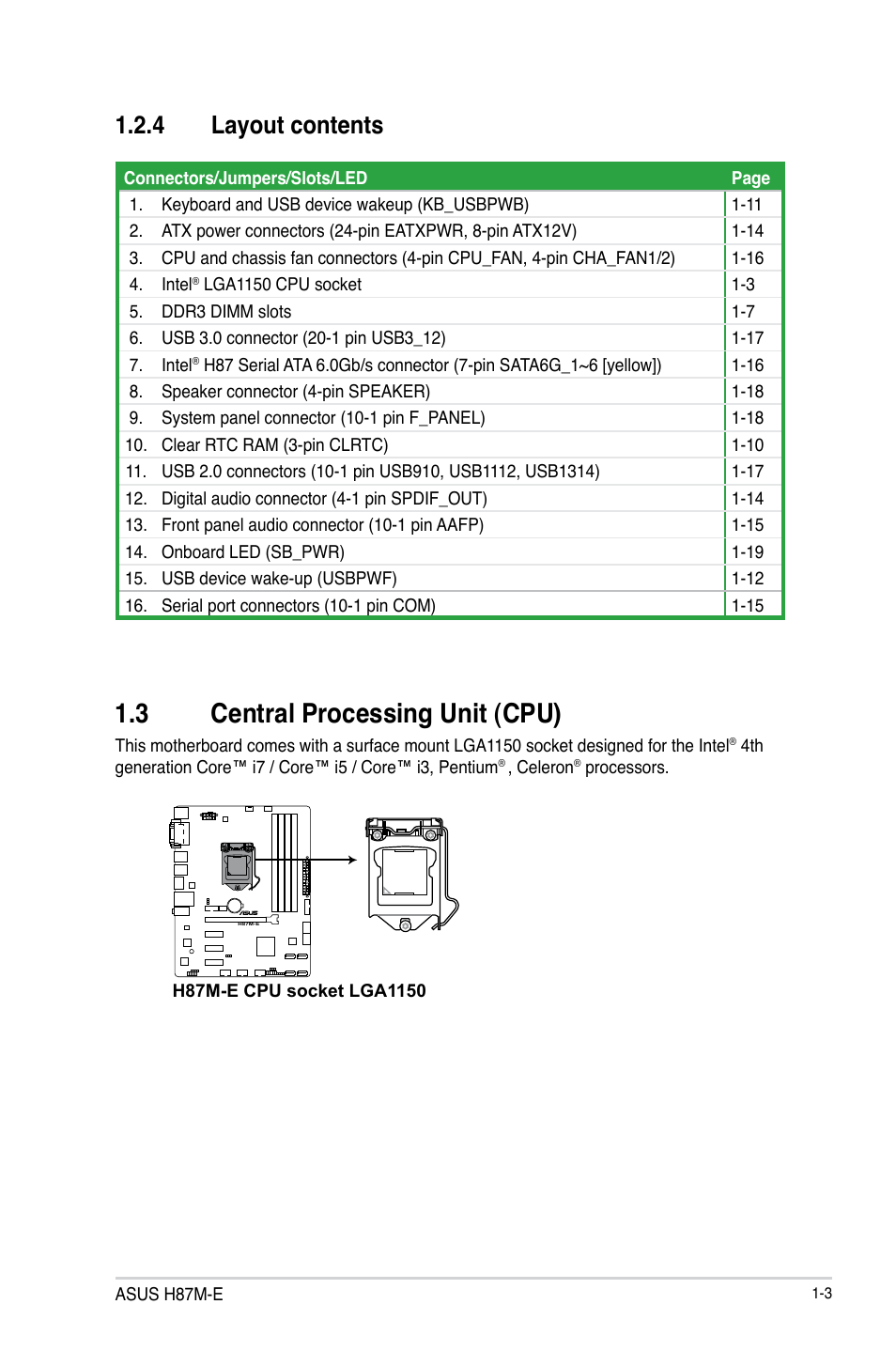 3 central processing unit (cpu), 4 layout contents | Asus H87M-E User Manual | Page 11 / 74