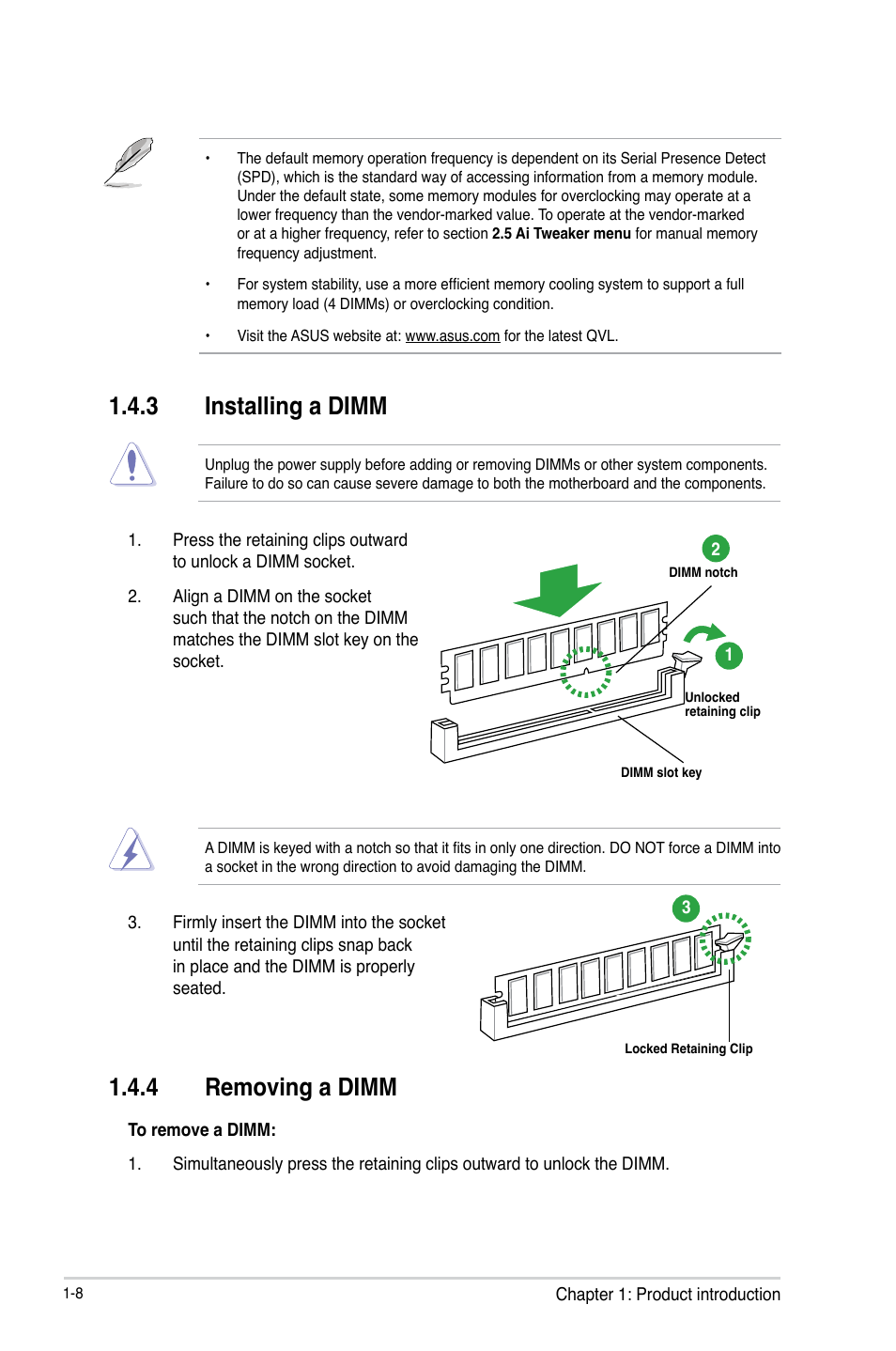 3 installing a dimm, 4 removing a dimm | Asus H87M-E User Manual | Page 16 / 74