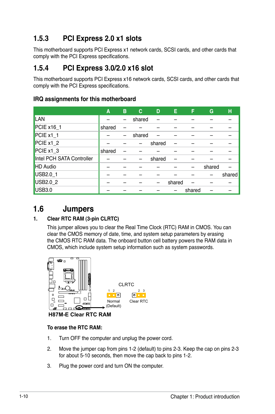 6 jumpers, 3 pci express 2.0 x1 slots | Asus H87M-E User Manual | Page 18 / 74