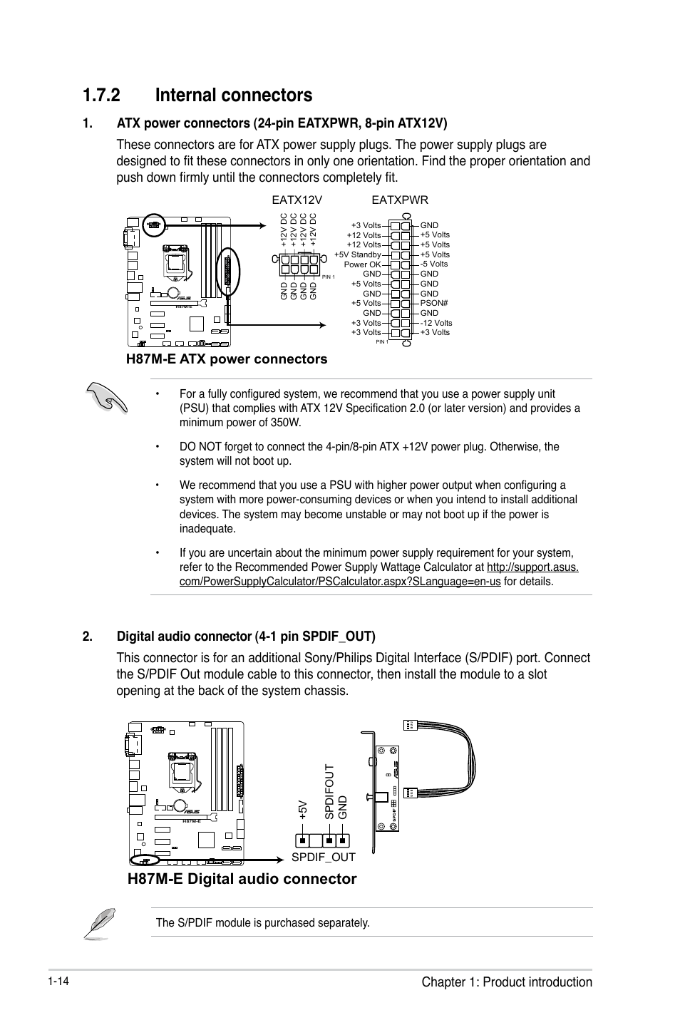 2 internal connectors, H87m-e digital audio connector, Chapter 1: product introduction | H87m-e atx power connectors | Asus H87M-E User Manual | Page 22 / 74
