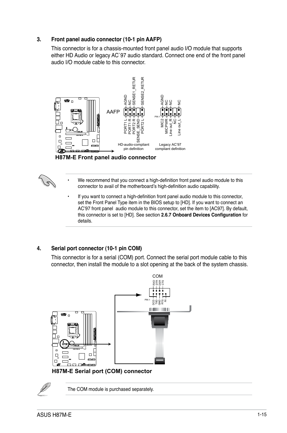 Asus h87m-e, H87m-e front panel audio connector, H87m-e serial port (com) connector | Aafp, The com module is purchased separately | Asus H87M-E User Manual | Page 23 / 74