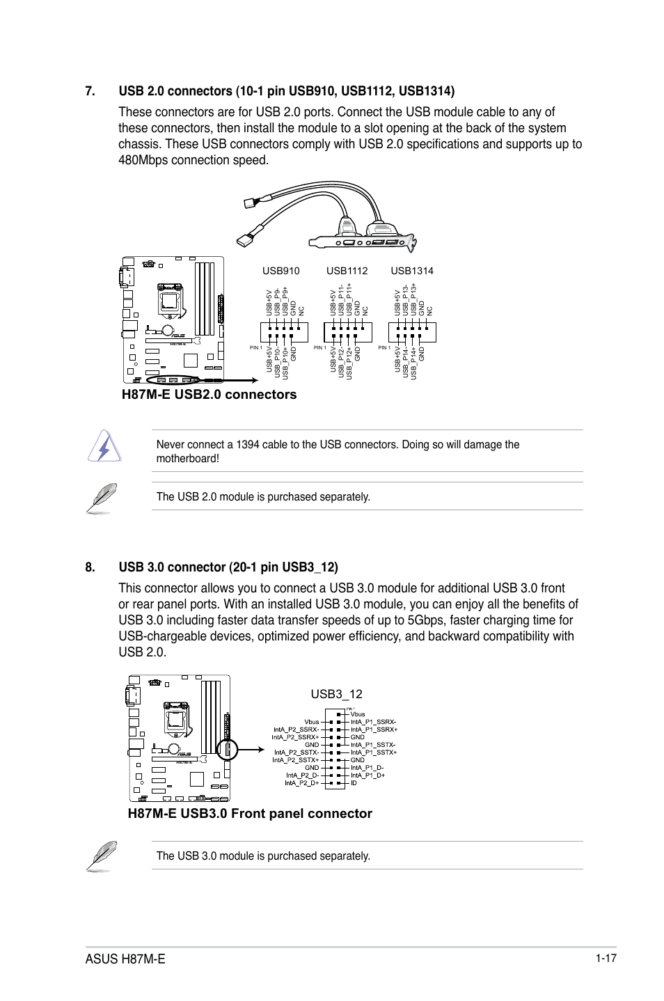 Asus h87m-e, H87m-e usb2.0 connectors, H87m-e usb3.0 front panel connector | Usb3_12, The usb 3.0 module is purchased separately | Asus H87M-E User Manual | Page 25 / 74