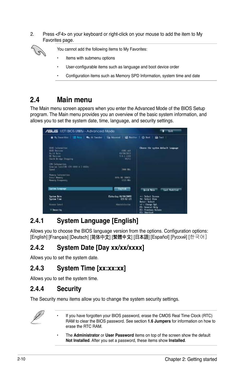 4 main menu, 1 system language [english, 3 system time [xx:xx:xx | 4 security | Asus H87M-E User Manual | Page 38 / 74