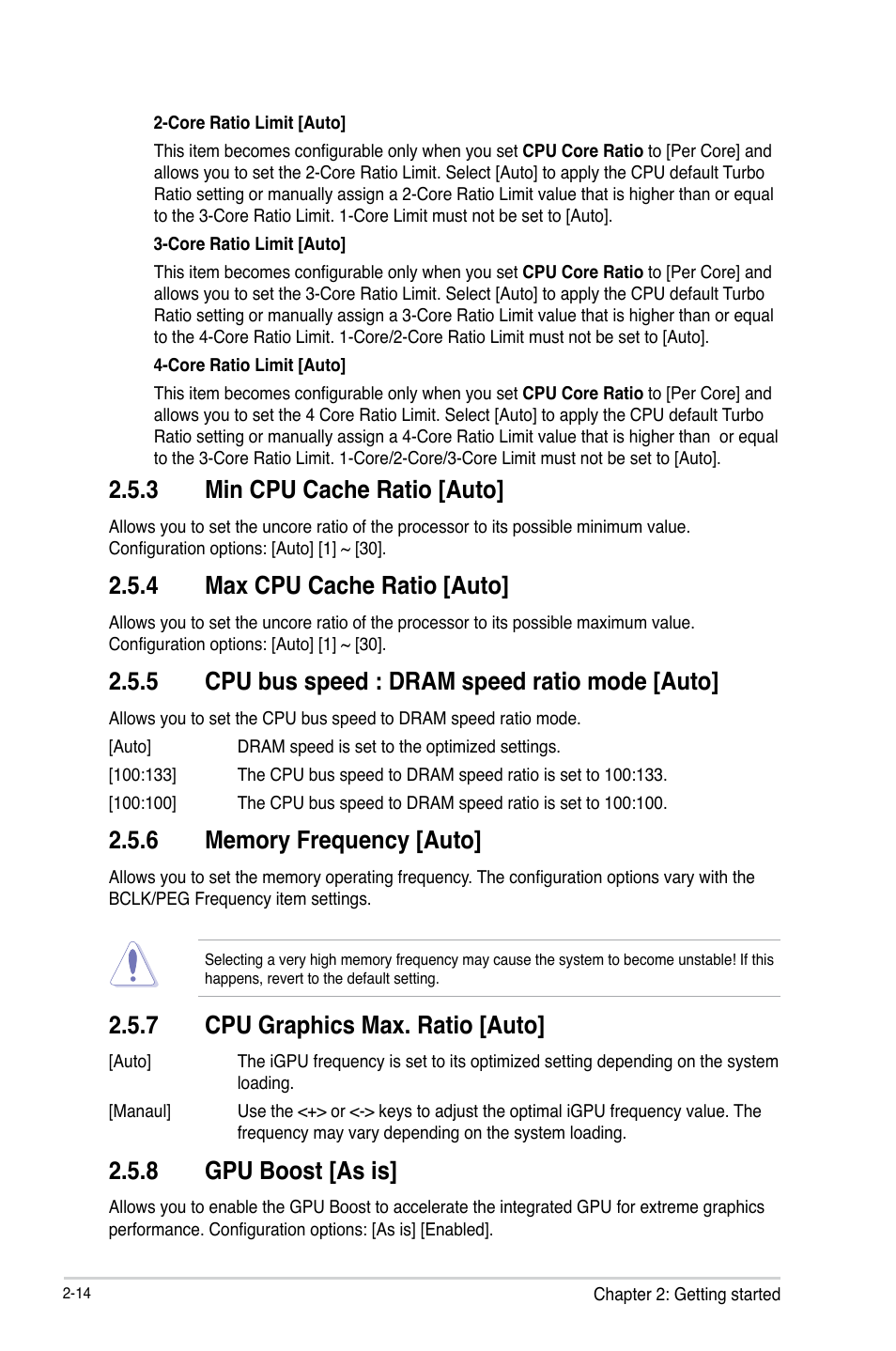 3 min cpu cache ratio [auto, 4 max cpu cache ratio [auto, 5 cpu bus speed : dram speed ratio mode [auto | 7 cpu graphics max. ratio [auto, 8 gpu boost [as is | Asus H87M-E User Manual | Page 42 / 74