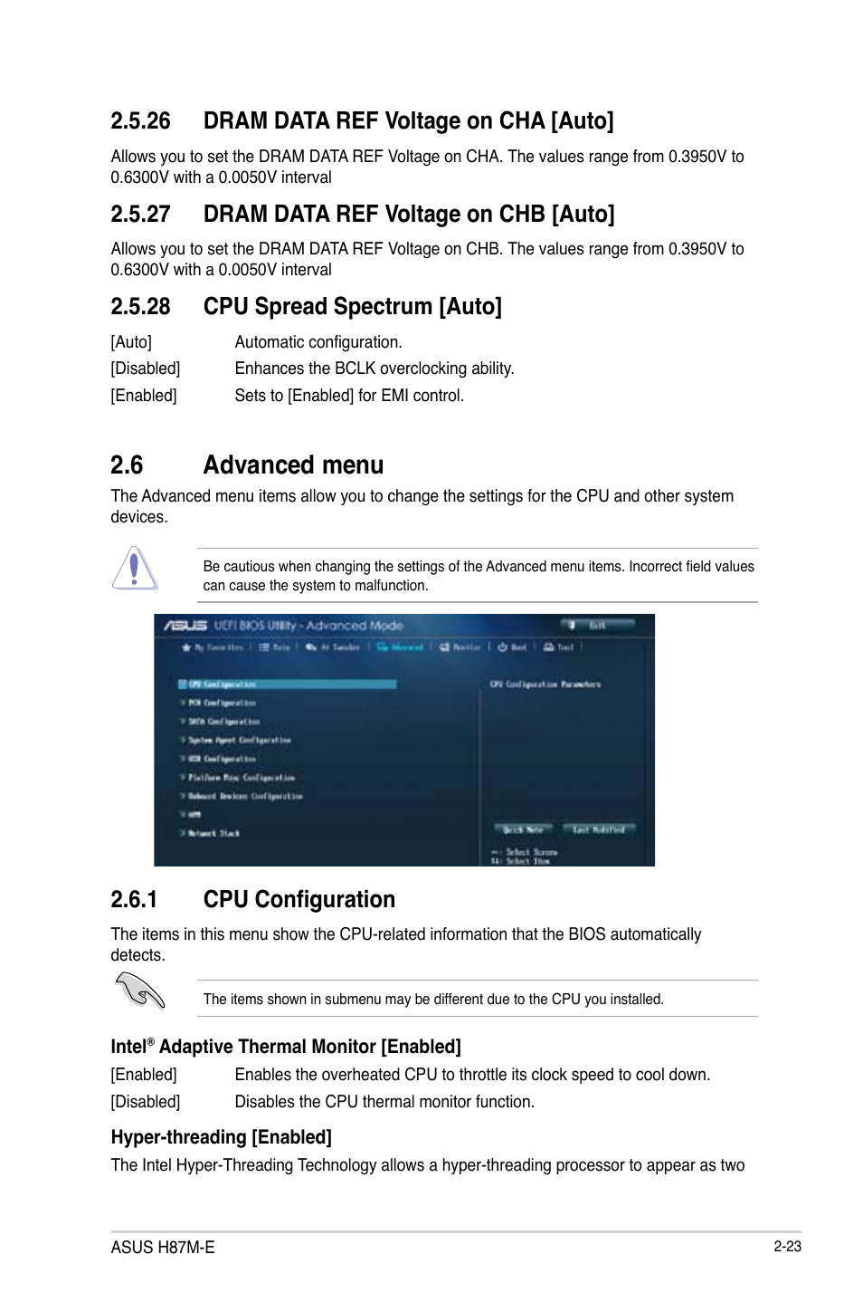 6 advanced menu, 1 cpu configuration, 26 dram data ref voltage on cha [auto | 27 dram data ref voltage on chb [auto, 28 cpu spread spectrum [auto | Asus H87M-E User Manual | Page 51 / 74