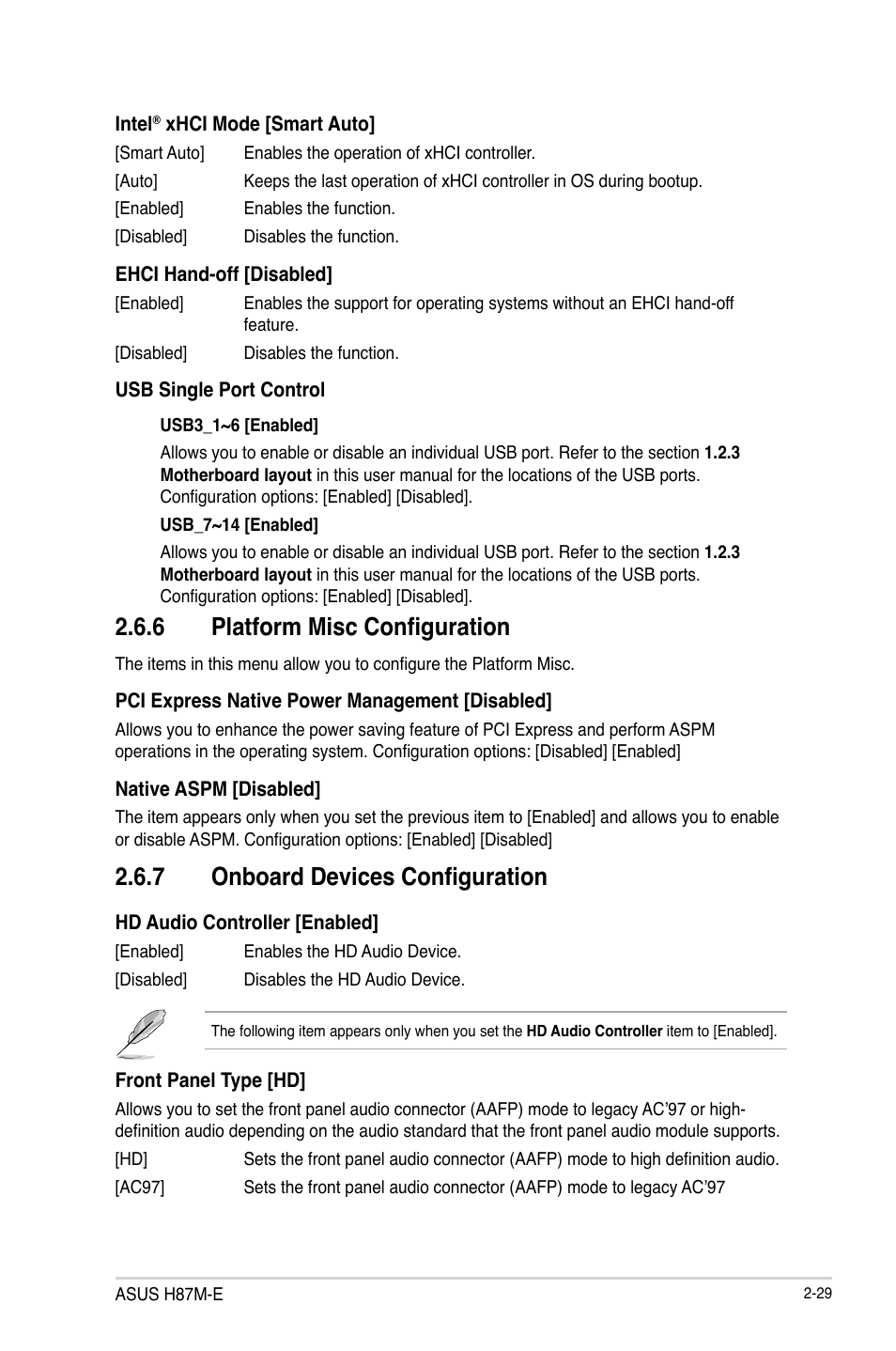 6 platform misc configuration, 7 onboard devices configuration | Asus H87M-E User Manual | Page 57 / 74