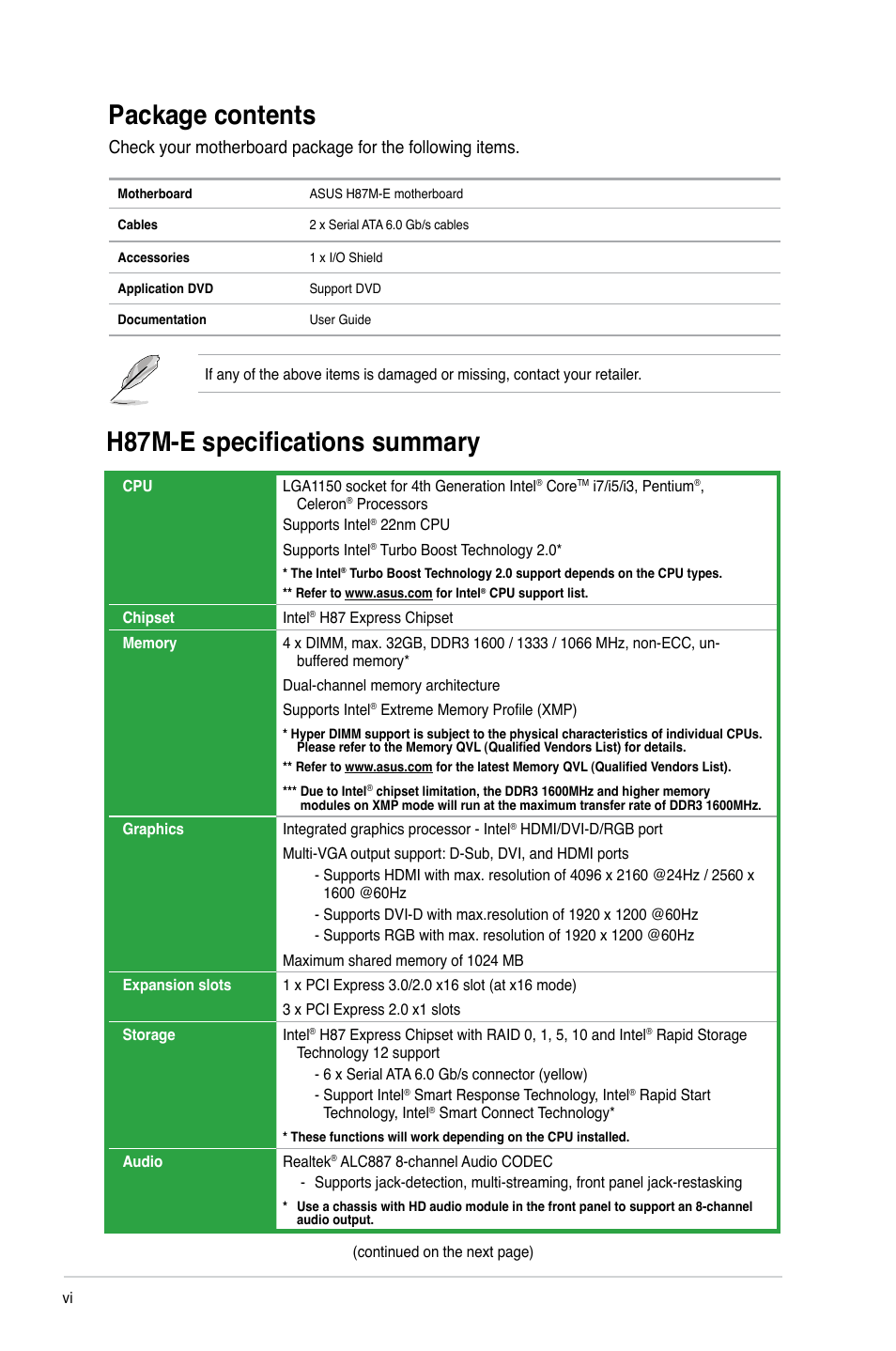 Package contents, H87m-e specifications summary | Asus H87M-E User Manual | Page 6 / 74