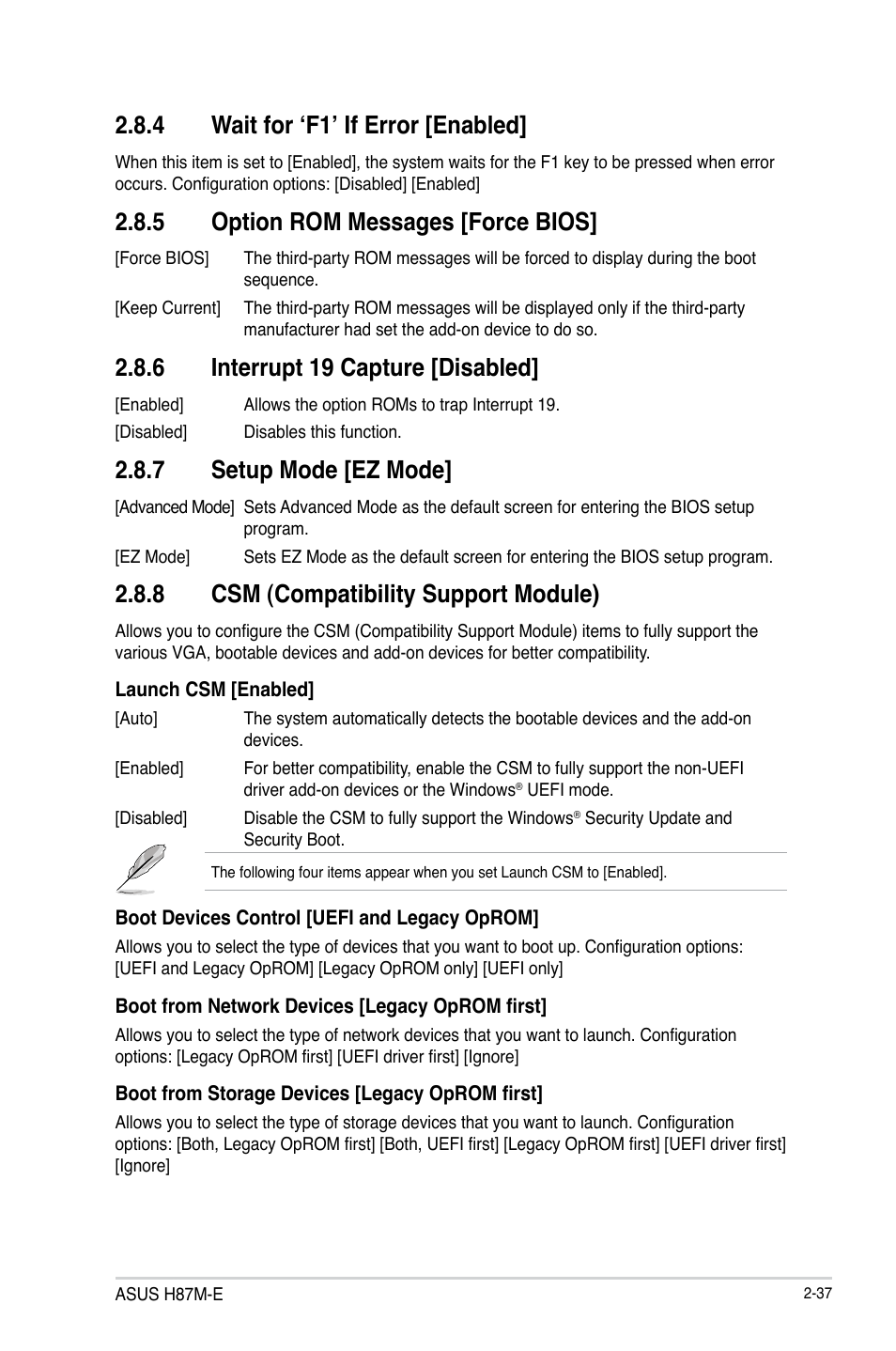 4 wait for ‘f1’ if error [enabled, 5 option rom messages [force bios, 6 interrupt 19 capture [disabled | 7 setup mode [ez mode, 8 csm (compatibility support module) | Asus H87M-E User Manual | Page 65 / 74