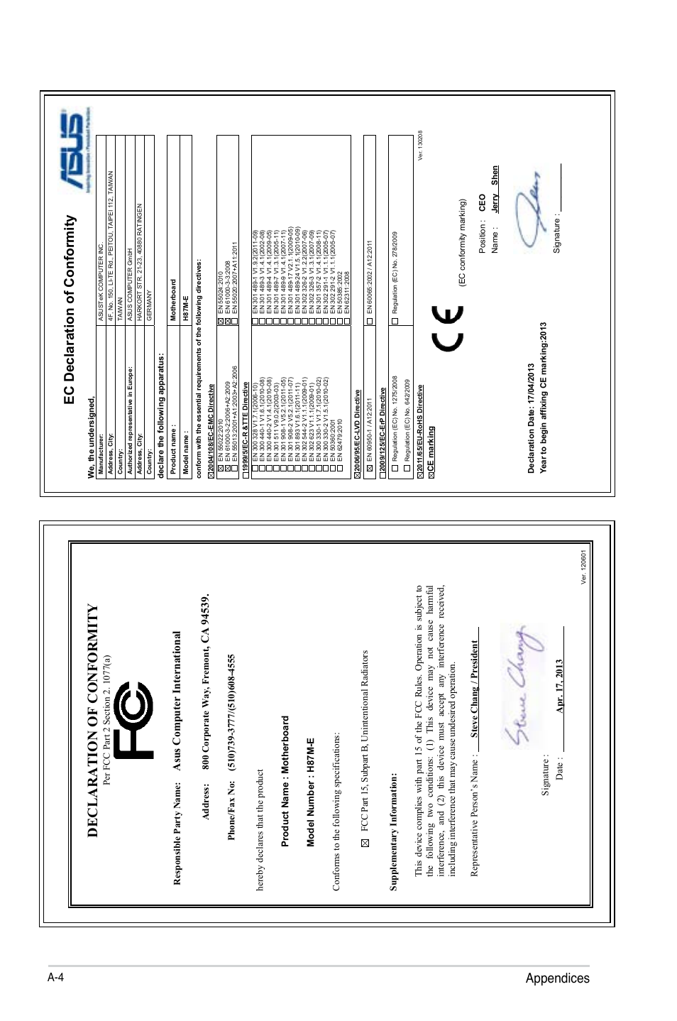 Declaration of conformity, Appendices, Ec declaration of conformity | Asu s c om pu te r in te rn at io na l, Address: 800 corporate way, fremont | Asus H87M-E User Manual | Page 74 / 74