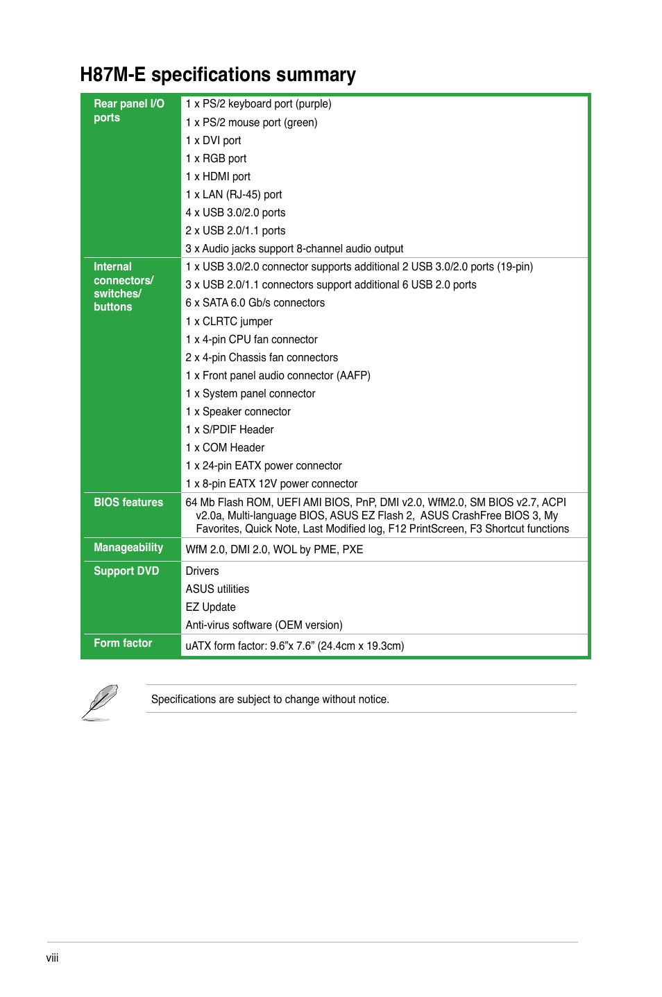 H87m-e specifications summary | Asus H87M-E User Manual | Page 8 / 74