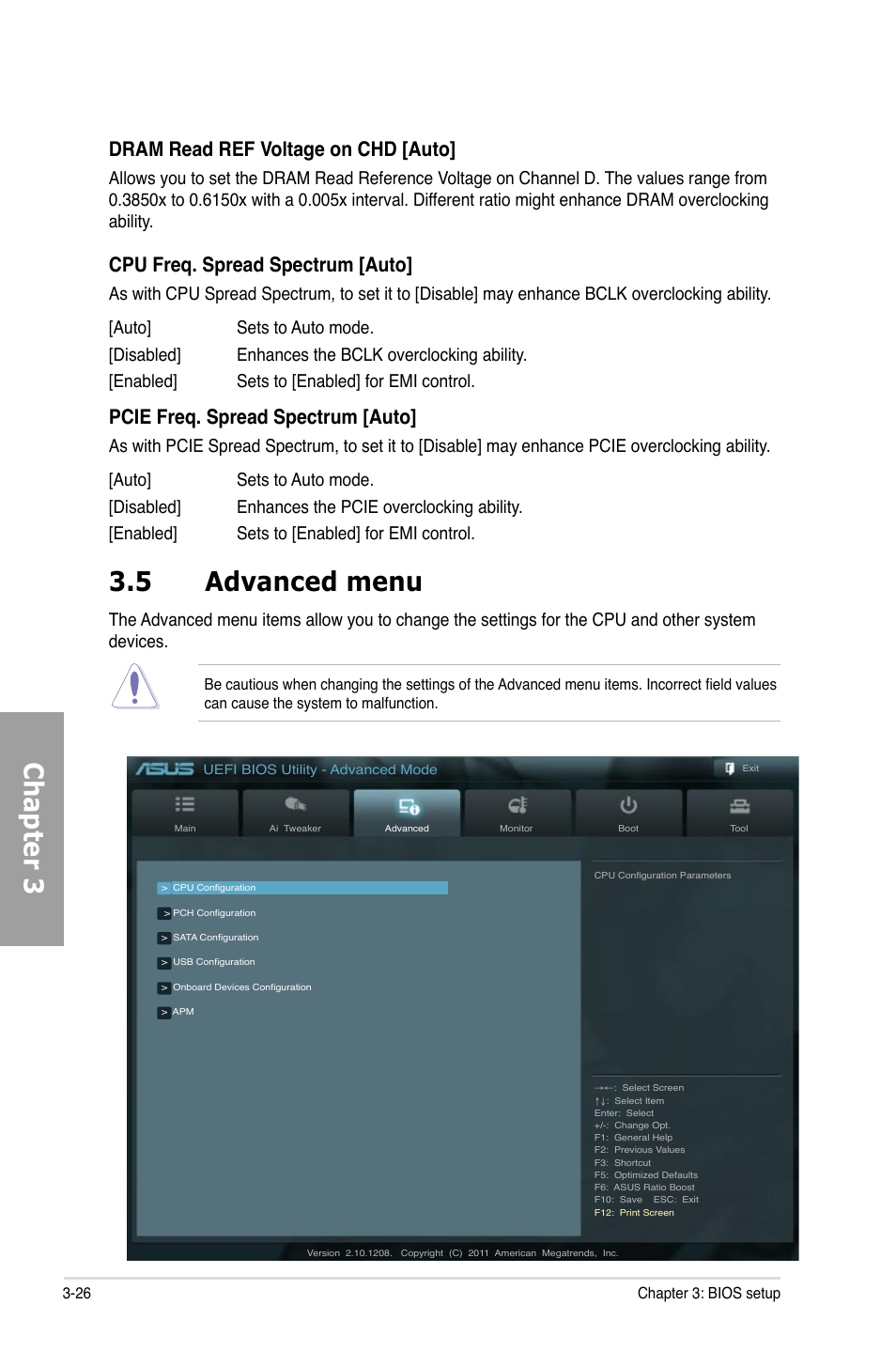 Chapter 3, 5 advanced menu, Dram read ref voltage on chd [auto | Cpu freq. spread spectrum [auto, Pcie freq. spread spectrum [auto | Asus P9X79 DELUXE User Manual | Page 100 / 172