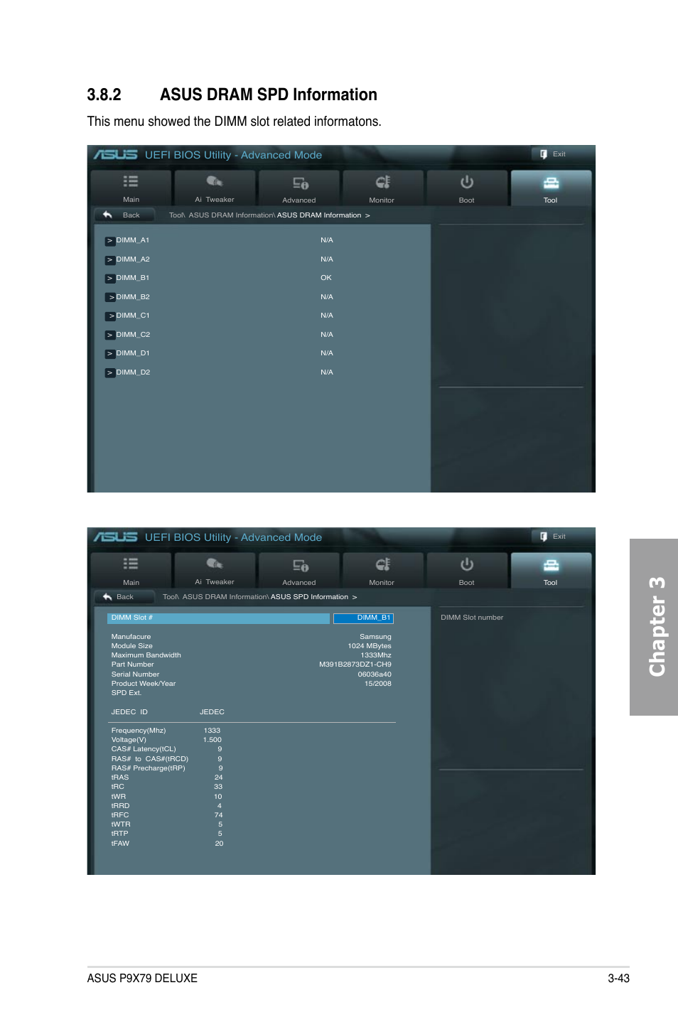 Chapter 3, 2 asus dram spd information, This menu showed the dimm slot related informatons | Uefi bios utility - advanced mode | Asus P9X79 DELUXE User Manual | Page 117 / 172