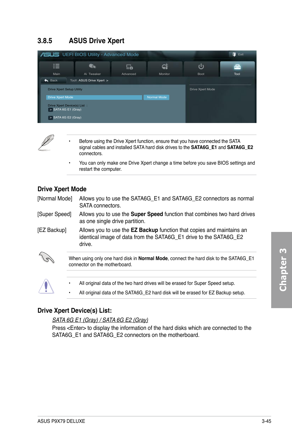 Chapter 3, 5 asus drive xpert, Drive xpert mode | Drive xpert device(s) list | Asus P9X79 DELUXE User Manual | Page 119 / 172