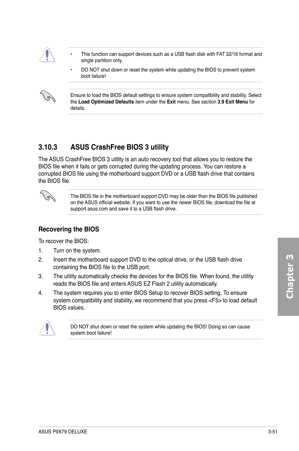 Chapter 3, 3 asus crashfree bios 3 utility | Asus P9X79 DELUXE User Manual | Page 125 / 172