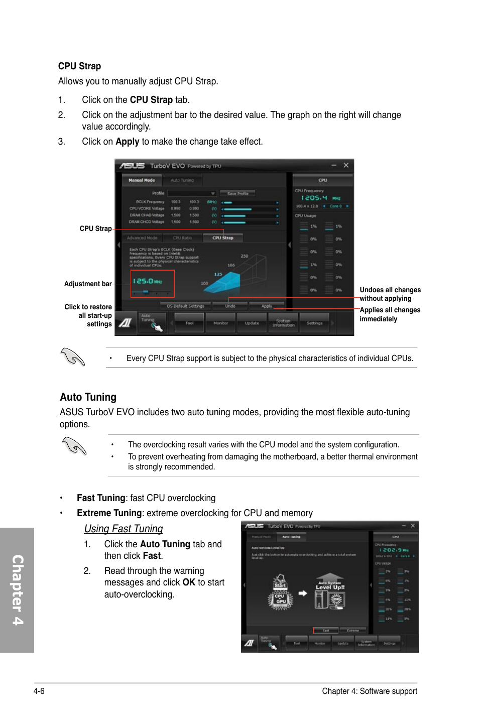 Chapter 4, Auto tuning, Using fast tuning | Asus P9X79 DELUXE User Manual | Page 134 / 172