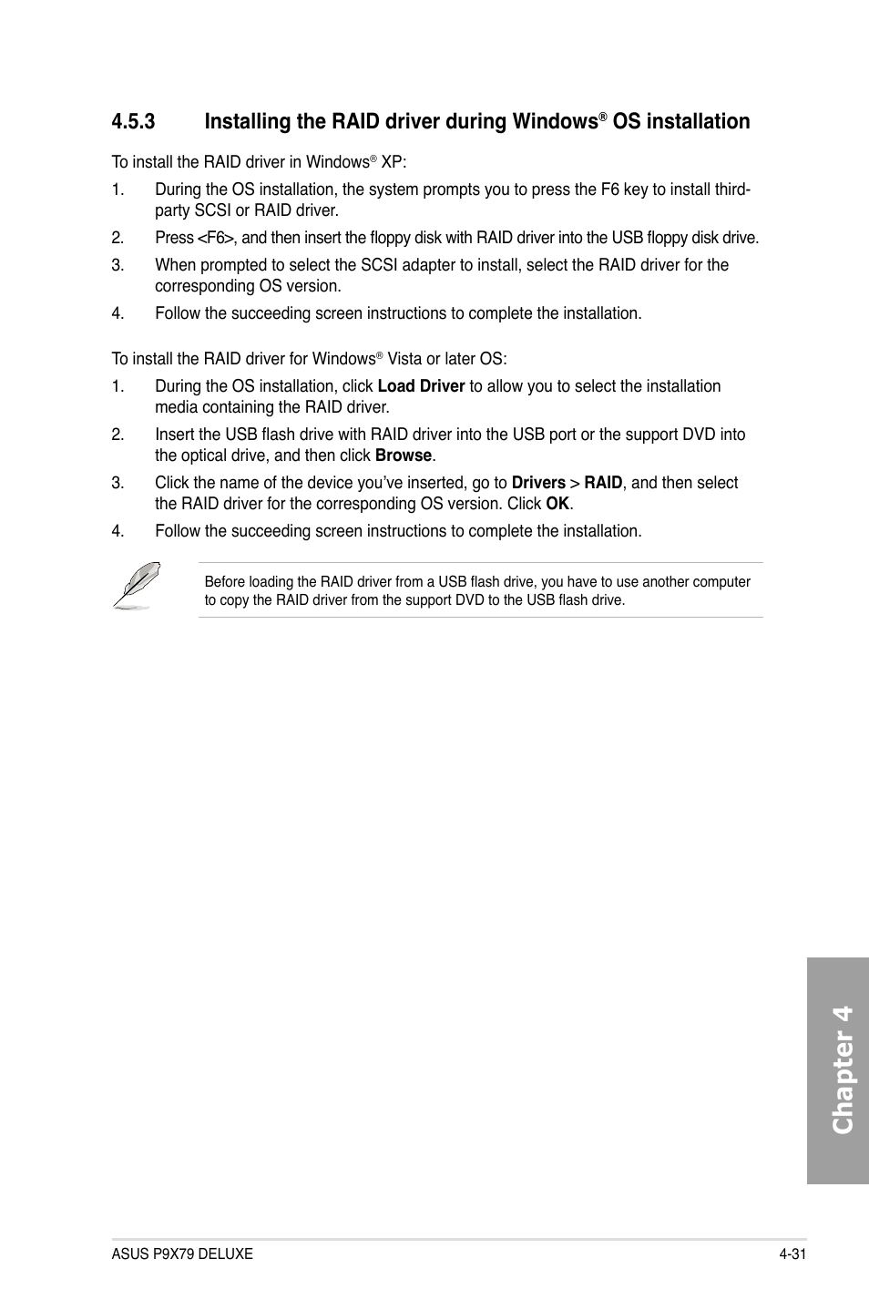 Chapter 4, 3 installing the raid driver during windows, Os installation | Asus P9X79 DELUXE User Manual | Page 159 / 172