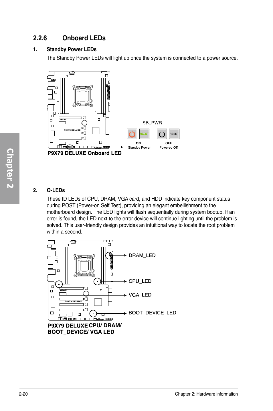 Chapter 2, 6 onboard leds | Asus P9X79 DELUXE User Manual | Page 40 / 172