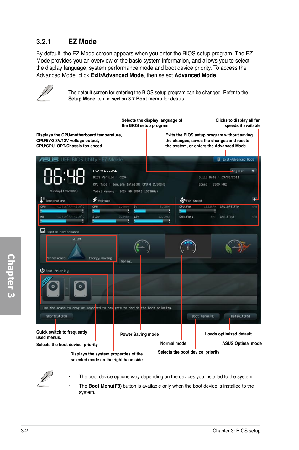 Chapter 3, 1 ez mode | Asus P9X79 DELUXE User Manual | Page 76 / 172