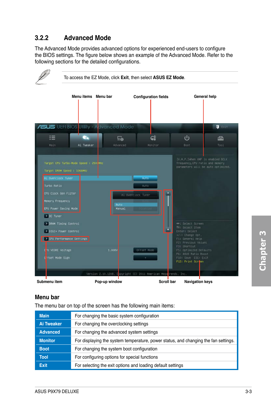 Chapter 3, 2 advanced mode, Menu bar | Asus P9X79 DELUXE User Manual | Page 77 / 172