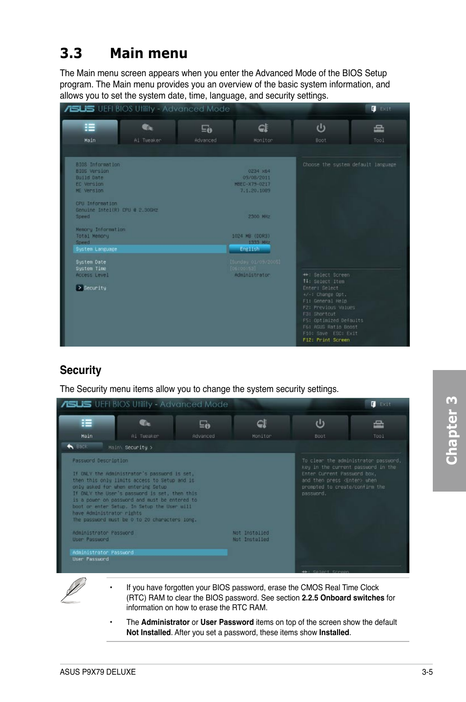 Chapter 3 3.3 main menu, Security | Asus P9X79 DELUXE User Manual | Page 79 / 172