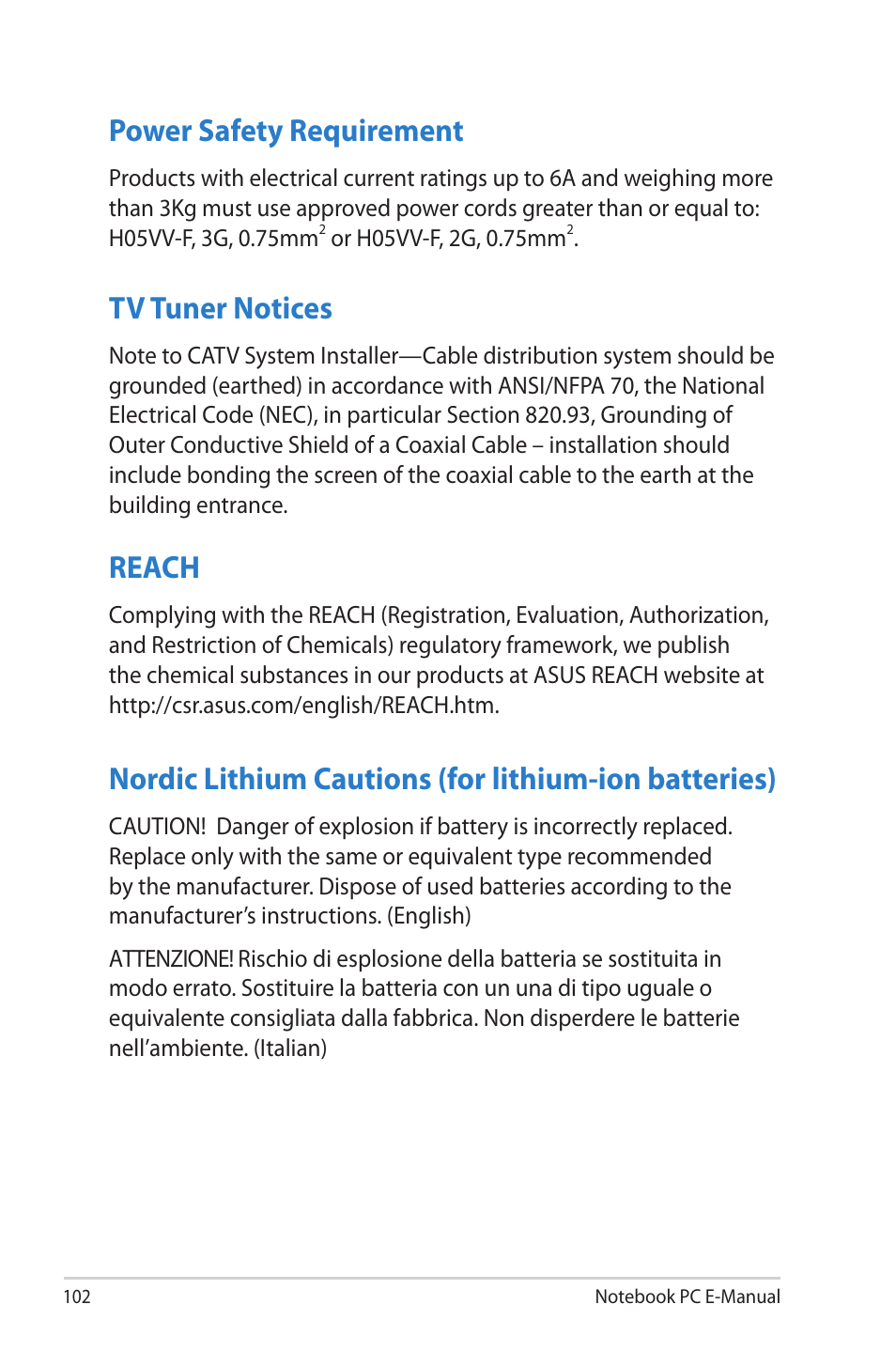 Power safety requirement, Tv tuner notices, Reach | Asus TAICHI31 User Manual | Page 102 / 110