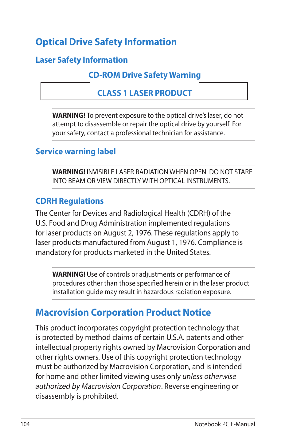 Optical drive safety information, Macrovision corporation product notice | Asus TAICHI31 User Manual | Page 104 / 110